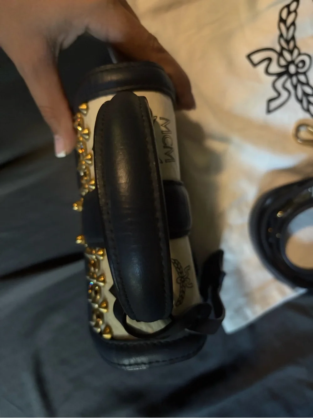 MCM Navy and Cream Studded Top-Handle Satchel with Gold Hardware